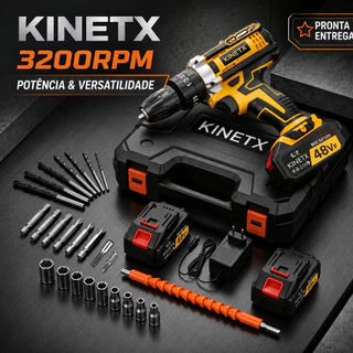 Kit Chave De Impacto Parafusadeira e Furadeira Profissional KINETX 3200RPM Bivolt com 2 Baterias e Maleta