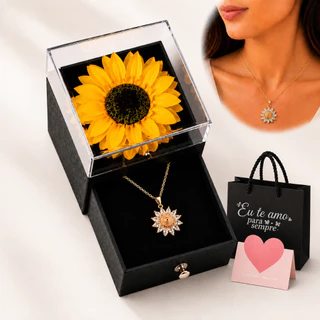 Caixa Joias Colar Girassol Banhado A Ouro Cravejado Flor Eterna Caixa Couro Presente Namorada Mulher Mae