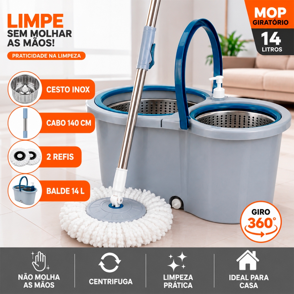 Mop Giratorio Com cabo de 140 Cm Cesto Em Inox 2 Refis - Balde com Centrífuga 14L e Cabo Reforçado