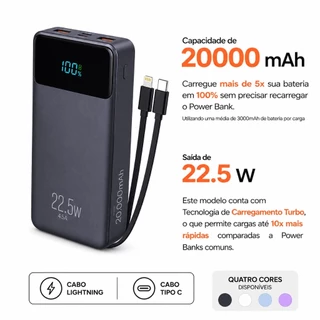 Carregador Portátil Power Bank Turbo 20000mAh 22.5W Premium iPhone Samsung Xiaomi