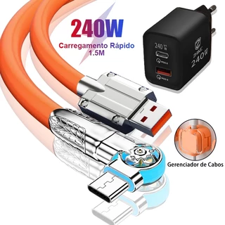 Carregador Carregamento Rápido Cabo Tipo C 1,5M Rotação 180° Silicone Com GaN Adaptador e Gerenciador