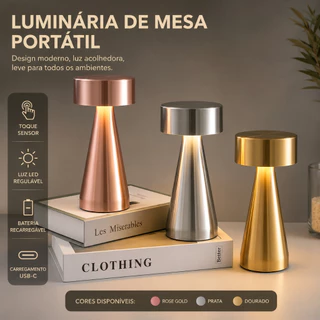 Luminária de Mesa LED Touch Sem Fio Recarregável USB-C – 3 Tons de Luz, Dimerizável, Portátil | Prateado, Dourado e Rose