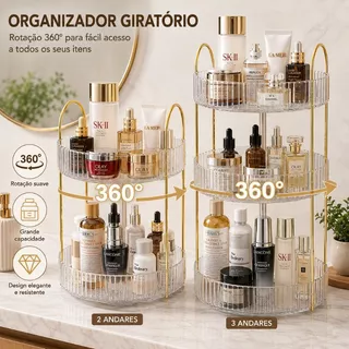 Organizador de Maquiagem Giratório – Suporte Multiuso 2/3 Andares p/ Cosméticos e Perfumes