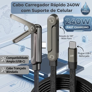 Cabo USB-C para USB-C 240W PD 3.1 1,5m Nylon Trançado Reforçado com Suporte Dobrável 2 em 1