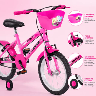 Bicicleta infantil Aro 16 V-brake Meninas com rodinha Colorida quadro Aço Carbono Intense Kids Cor Pink