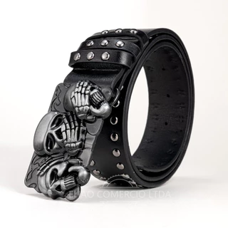 Cinto Unissex Punk Gothic Rivet Jeans Preto Cinto Unissex Elemento de Caveira Preto 100cm 110cm 120cm