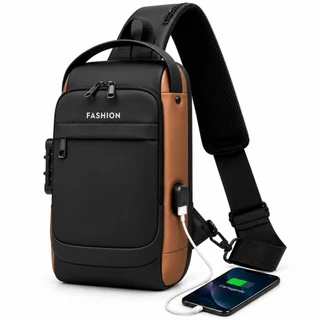 Mochila Transversal com USB e Trava com Senha, Resistente à Água, Alça Ajustável para Trabalho, Viagem e Uso Diário