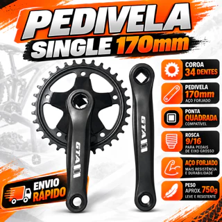 Pedivela Bike Single 170mm GTA Coroa 34 Dentes Aço Ponta Quadrada MTB Bicicleta Aro 26 29 Reforçado Preto