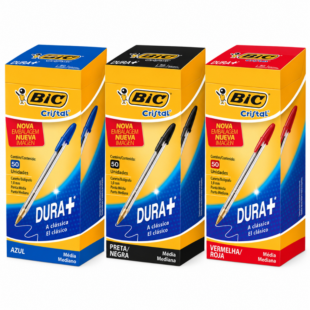 CANETA BIC CRISTAL 1.0 MM CAIXA COM 50 UNDIDADES AZUL,PRETO E VERMELHO ...