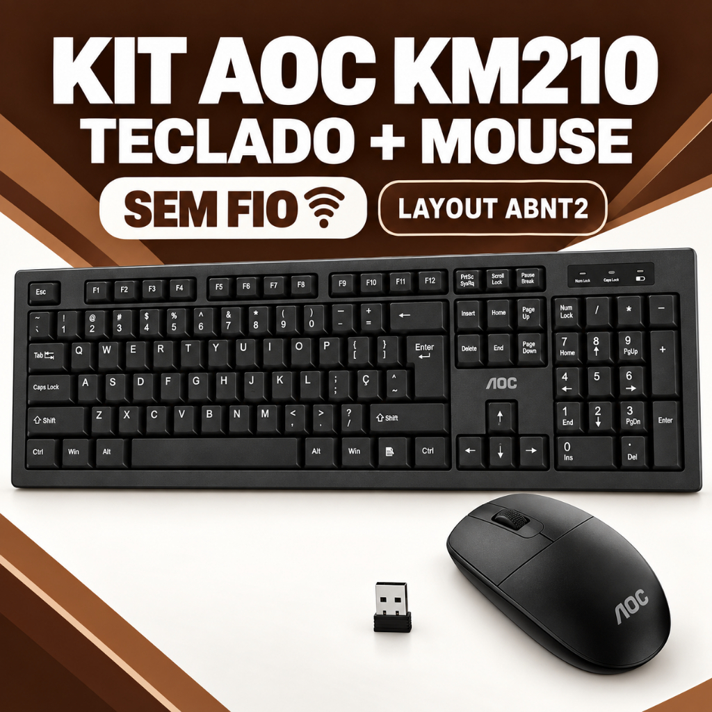 Kit Teclado e Mouse Sem Fio Layout Abnt2 Ambidestro EMPRESAS COMÉRCIO LOJAS RECEPÇÃO Aoc Km210