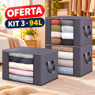 Kit 3 Caixas Organizadores de Roupas 94L com Visor Transparente e Zíper para Edredom Cobertor e Guarda-Roupa