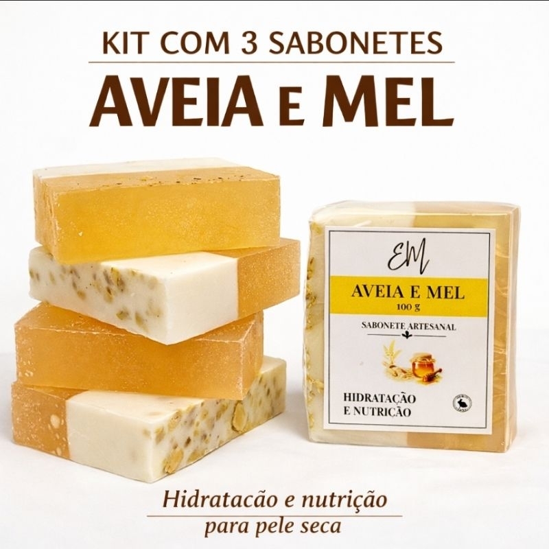 kit com 3 Sabonetes Artesanais de Aveia e Mel - Hidratante- Pele Seca e Sensível