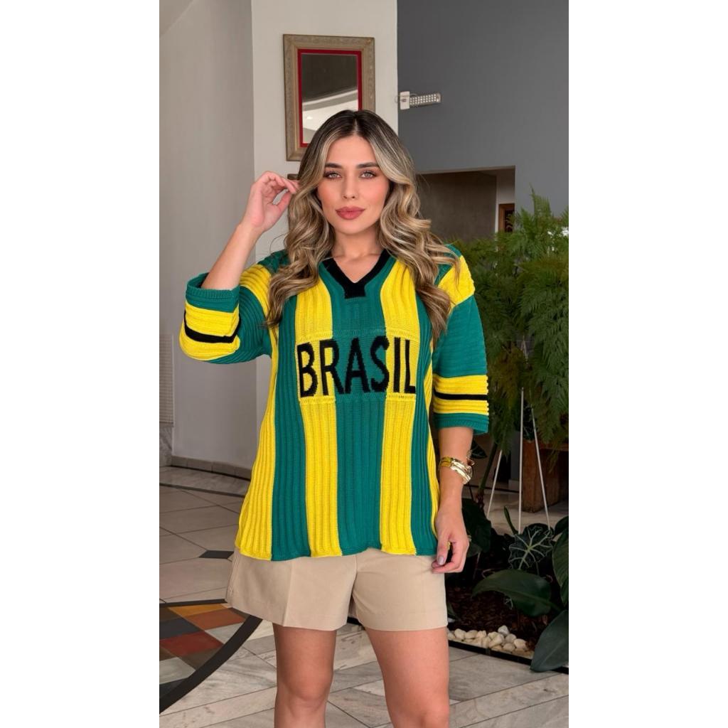 Blusa Brasil Feminina Verde e Amarelo Camisa Copa do Mundo Tricot Manga 3/4 Suéter Canelado em Oferta na Shopee