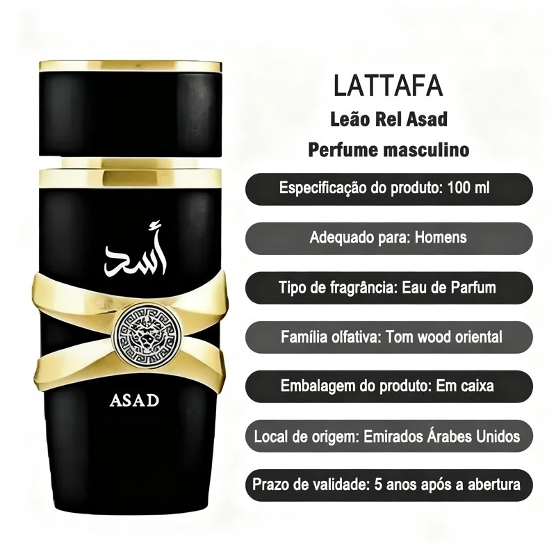 Infográfico detalhando as especificações do perfume masculino Lattafa Asad de 100ml em fundo branco
