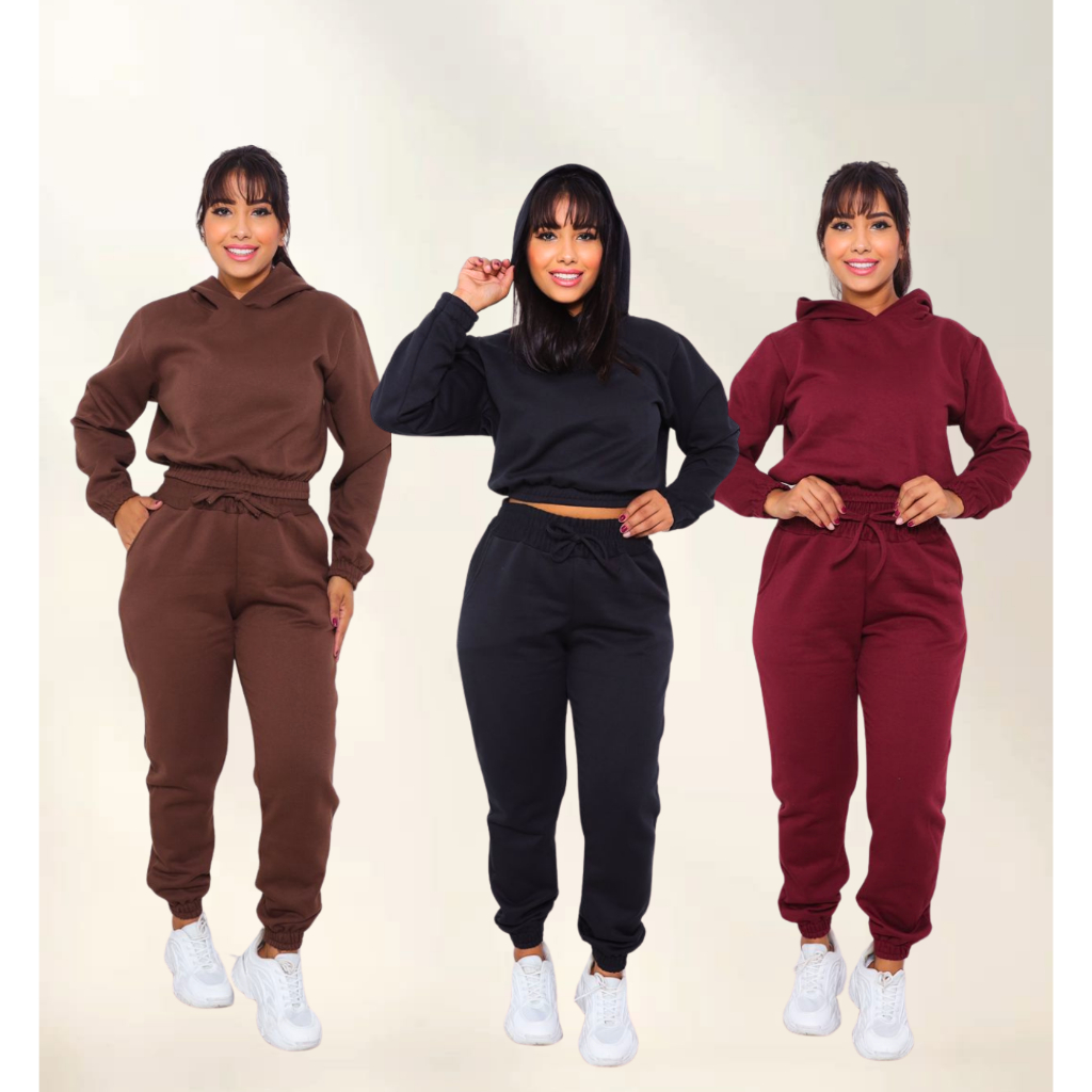 Conjunto Feminino de Moletom Calça Jogger e Cropped Com Capuz para Inverno