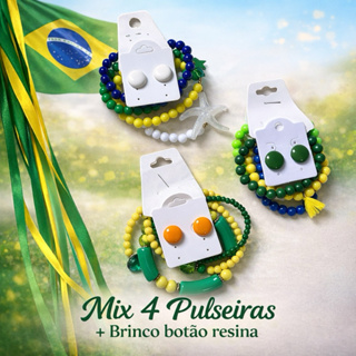 Kit Mix Pulseiras miçangas Brasil Copa + 1 Brinco Botão Resina Colorido Sortido Verde Amarelo Feminino em Oferta na Shopee