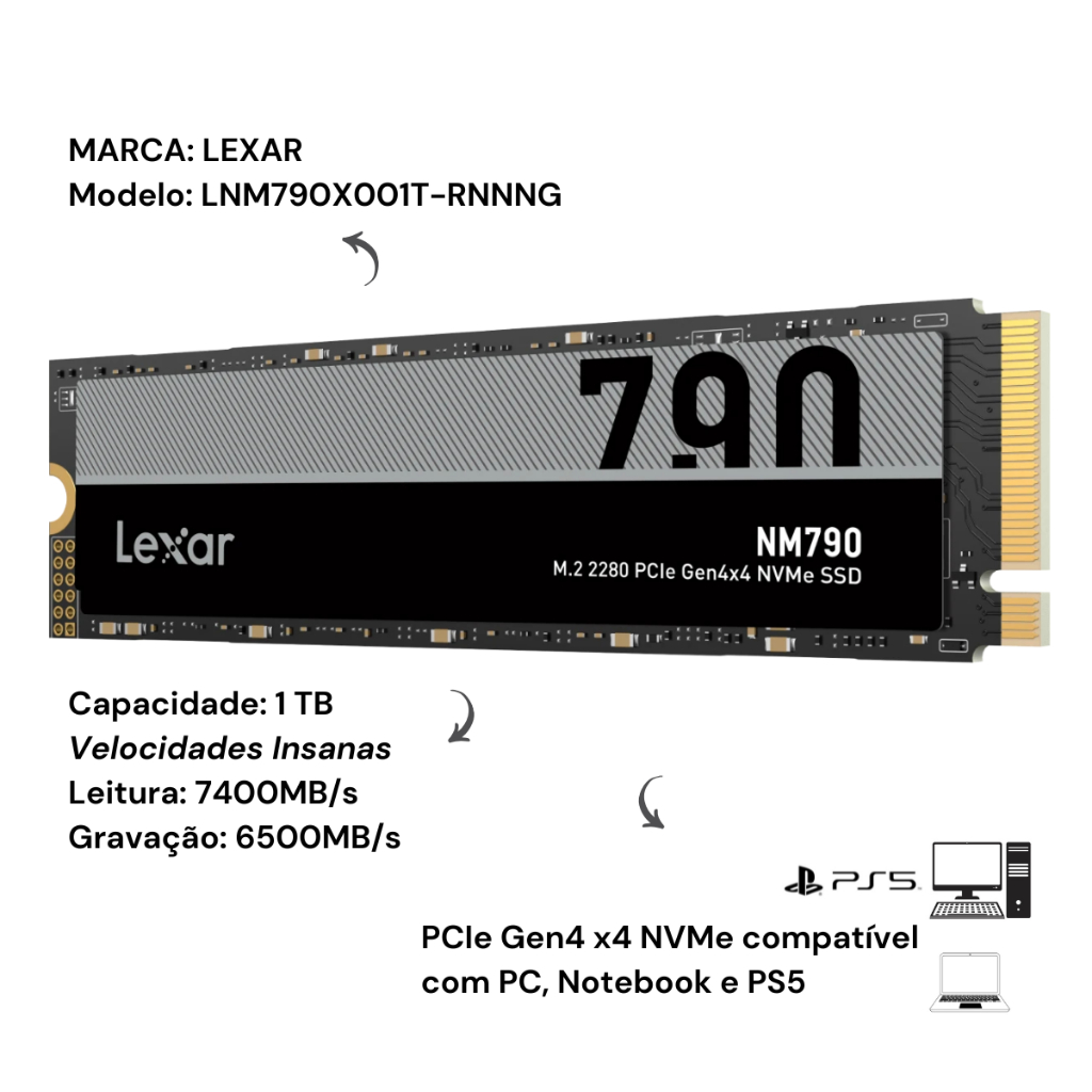 新品 Lexar レキサー M.2 2280 NVMe規格 SSD1TB SSD Lexar NM790, 1TB, M.2 2280, PCIe NVMe, Leitura 7400MB/s
