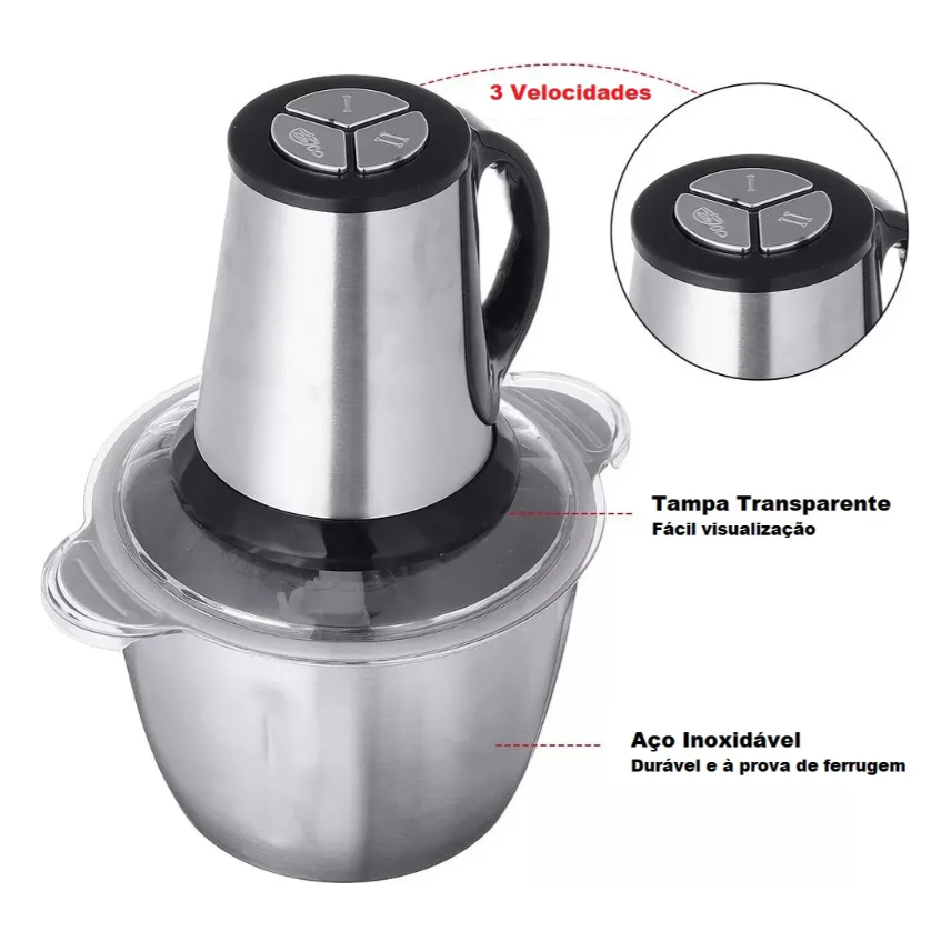 Multiprocessador Elétrico c/ Alça 2L e 3L Picador de Carne, 
