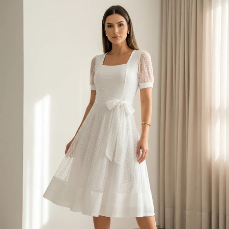 Vestido Mídi Godê Tule Feminino Moda Evangélica