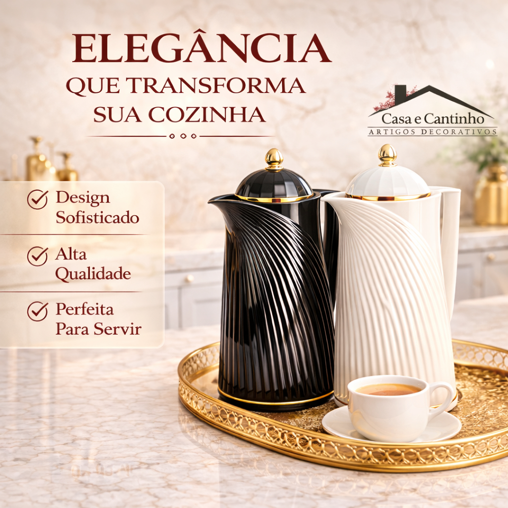 Garrafa Térmica Luxo 1L com Tampa Dourada | Café Chá Design 