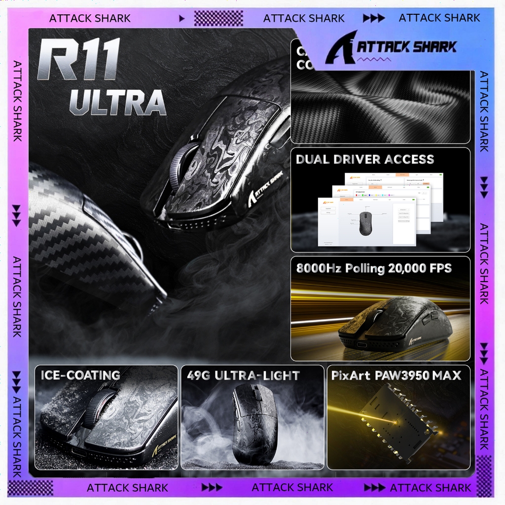 ATTACK SHARK R11 Ultra 8K Carbon Fiber Wireless Gaming Mouse,PAW3950 ...