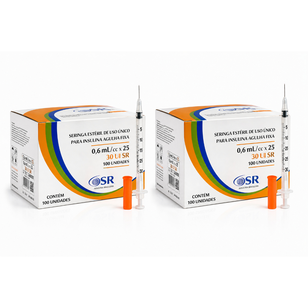 Kit 200 Seringa Insulina 0,3mL 30UI 6x25 31G SR Agulha Fixa Estéril Descartável (2 Caixas)