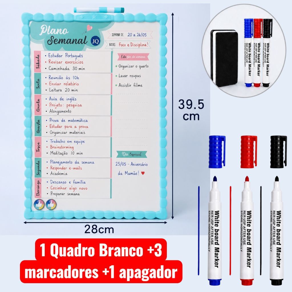 Lousa Branca Decorativa Reutilizável com 3 Canetas e Apagado