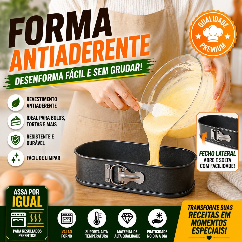 Forma Retangular Antiaderente Fundo Removível para Bolo Pão 