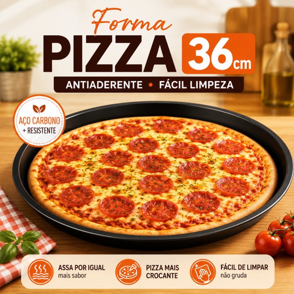 Forma Pizza Antiaderente 36cm Assadeira Redonda Aço Carbono 