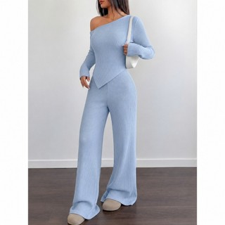 Conjunto Mila Feminino Blusa Assimétrica Manga Comprida  + Calça Pantalona Malha Ribana Moda Inverno — foto 6 — Achou Levou Brasil