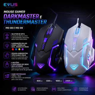 Mouse Gamer Branco Com LED 6 Botoes Botão Lateral 2400DPI Pegada Ambidestro Evus MO-09 ThunderMaster