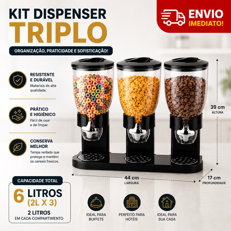 Dispenser Triplo de Graos Cereais 2L Grande Dispenser Sorveteria