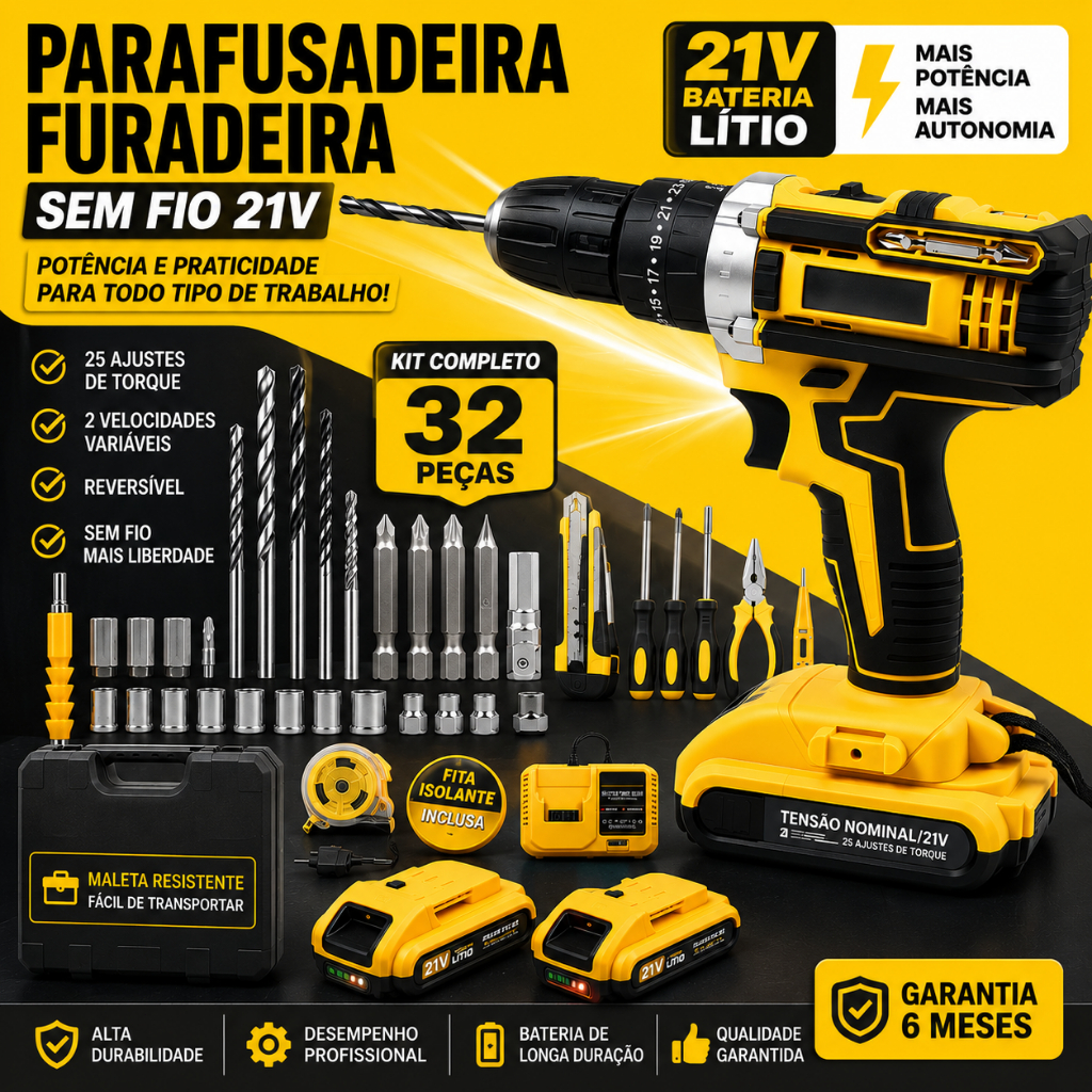 21v parafusadeira furadeira impacto elétrica Furadeira bivolt Sem Fio 2 Baterias 32 Acessórieos  Bivolt