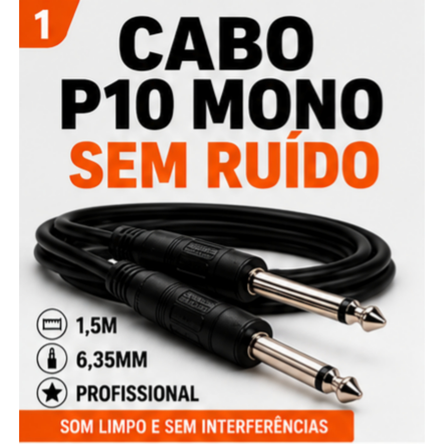 Cabo P10 Mono Profissional 6,35mm 1,5m Sem Ruído Para Guitarra Baixo Amplificador Mesa De Som