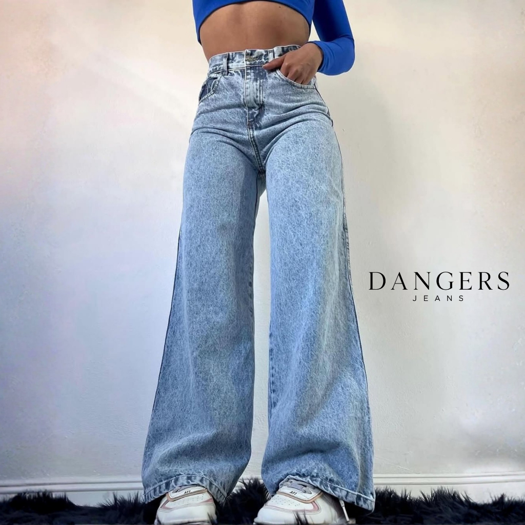 Calça Jeans Wide Leg Marmorizada