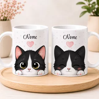 Caneca Personalizada com Nome Gatinhos Kawaii Cerâmica 325ml | 10 Modelos Exclusivos | Presente Criativo