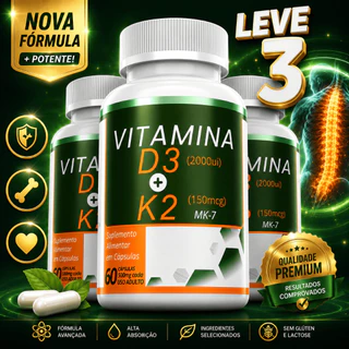 Kit 3 Vitamina D3+K2 MK7 Premium | 180 Cápsulas | Envio Imediato