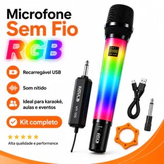 Microfone Sem Fio RGB USB-C Recarregável com Receptor Som Nítido para Karaokê