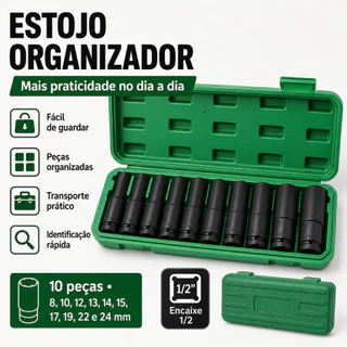 Kit Soquetes de Impacto 10 Peças 8-24mm Longos Encaixe 1/2 para Parafusadeira