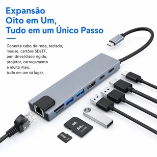 Hub USB-C 8 em 1 Adaptador Tipo C HDMI 4K USB 3.0 RJ45 100W SD TF PD Docking Station
