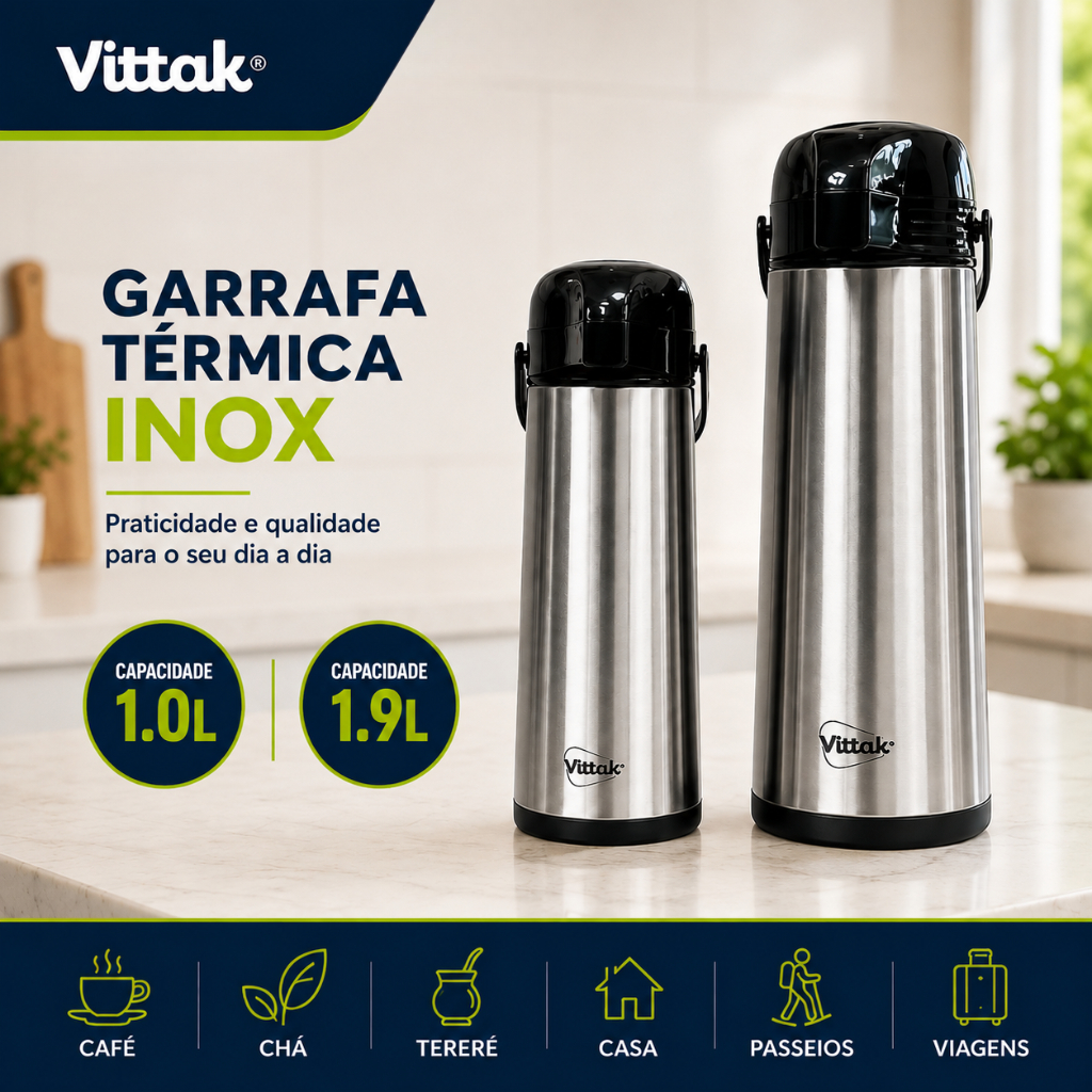 Vittak Garrafa Térmica Café 1L e 1,9L Inox De Pressão Apertar Hotel Pousada Bebidas Quentes Frias Chá Leite Suco