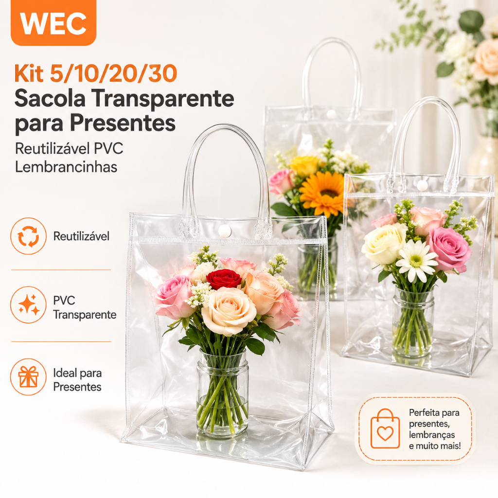 Kit 5/10/20/30 Sacola Transparente para Presentes Reutilizável PVC ...