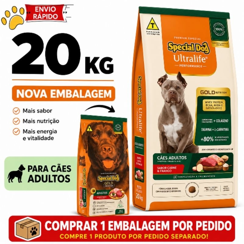 Ração Special Dog Ultralife Performance 20kg Cães Adultos Carne e Frango Premium Alta Nutrição