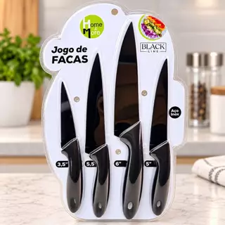 Jogo de Facas Pretas 4 Peças em Aço Inox para Cozinha – Black Line
