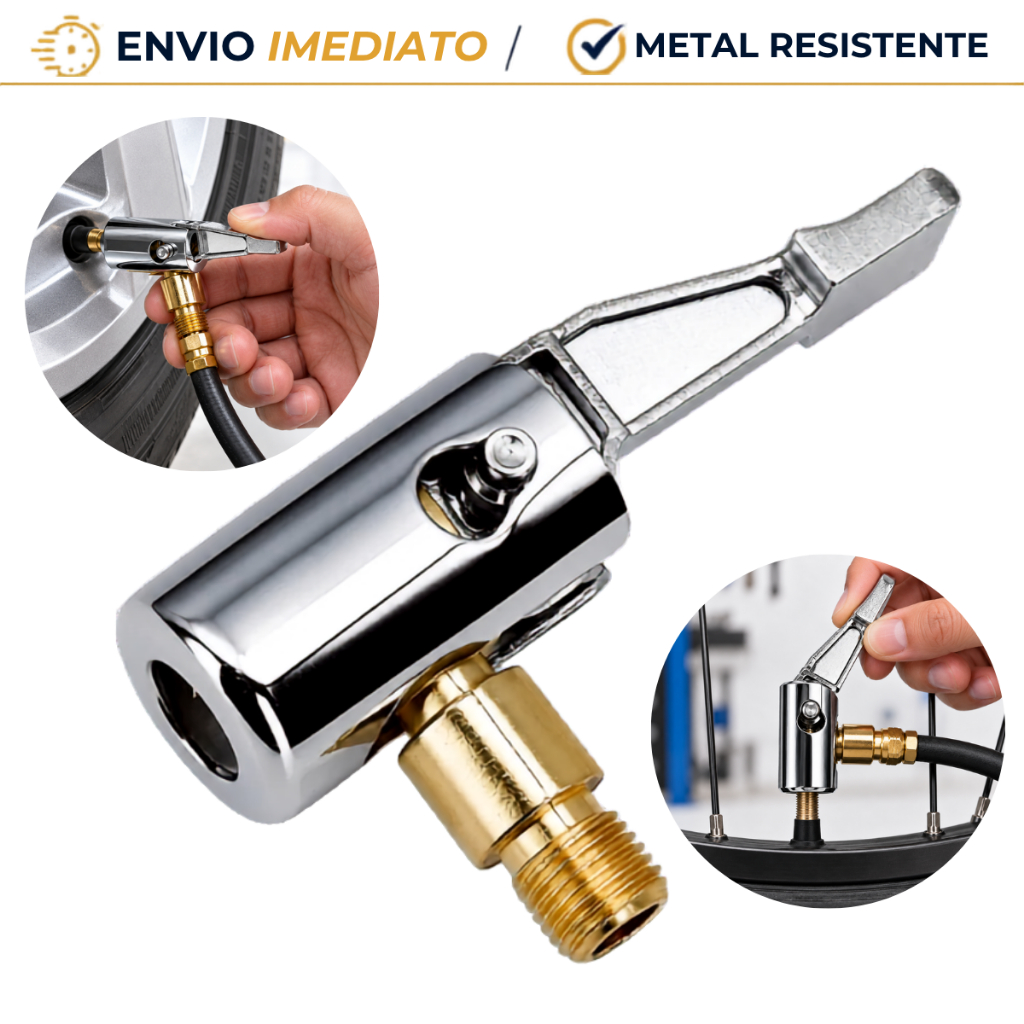 Bico Conector Inflador de Pneu com Presilha para Carro Adaptador Bomba de Ar e Compressor Portátil