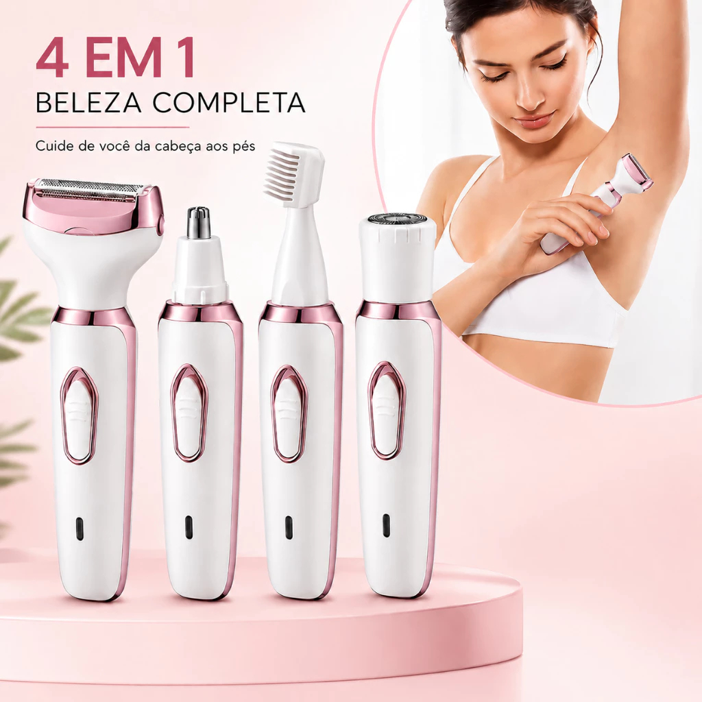 Barbeador Elétrico Feminino 4 Em 1 Depilador Aparador Corpo Íntimo Facial Nariz USB Recarregável