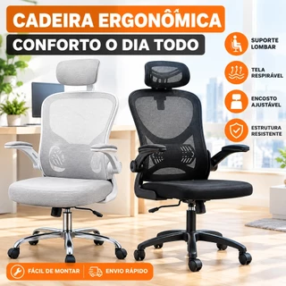 Cadeira de escritório ergonômica com apoio de cabeça rebatível, suporte lombar, base giratória de 360° e altura ajustáve