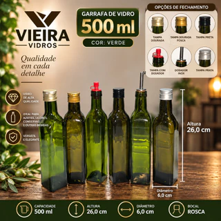 KIT 05UN/12UN Garrafa de Vidro Verde 500ml - para Azeite Óleo Vinagre Molhos com Tampa – Modelo QUADRADO