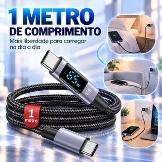 Cabro USB-C para USB-C 65W com Display Digital de Potência, Carregamento Rápido PD, Trançado Nylon, Conector Reforçado A