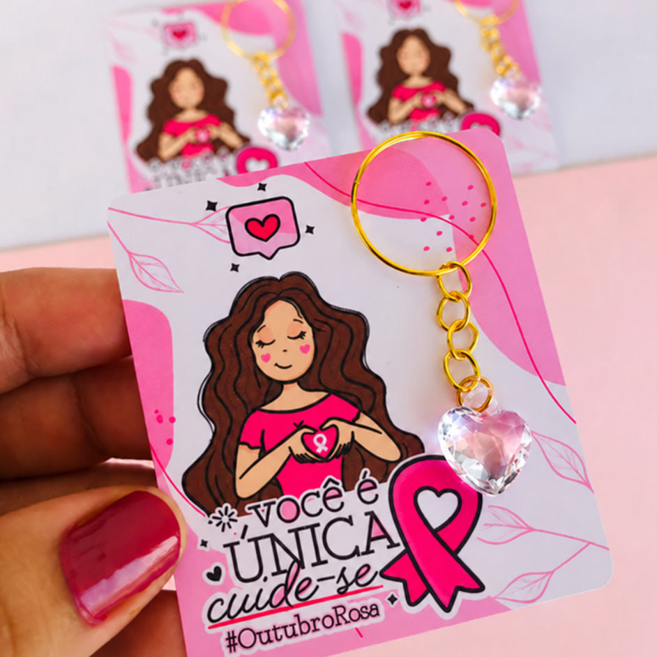50 Tags + 50 Mini Chaveiros de Coração Campanha Outubro Rosa ...